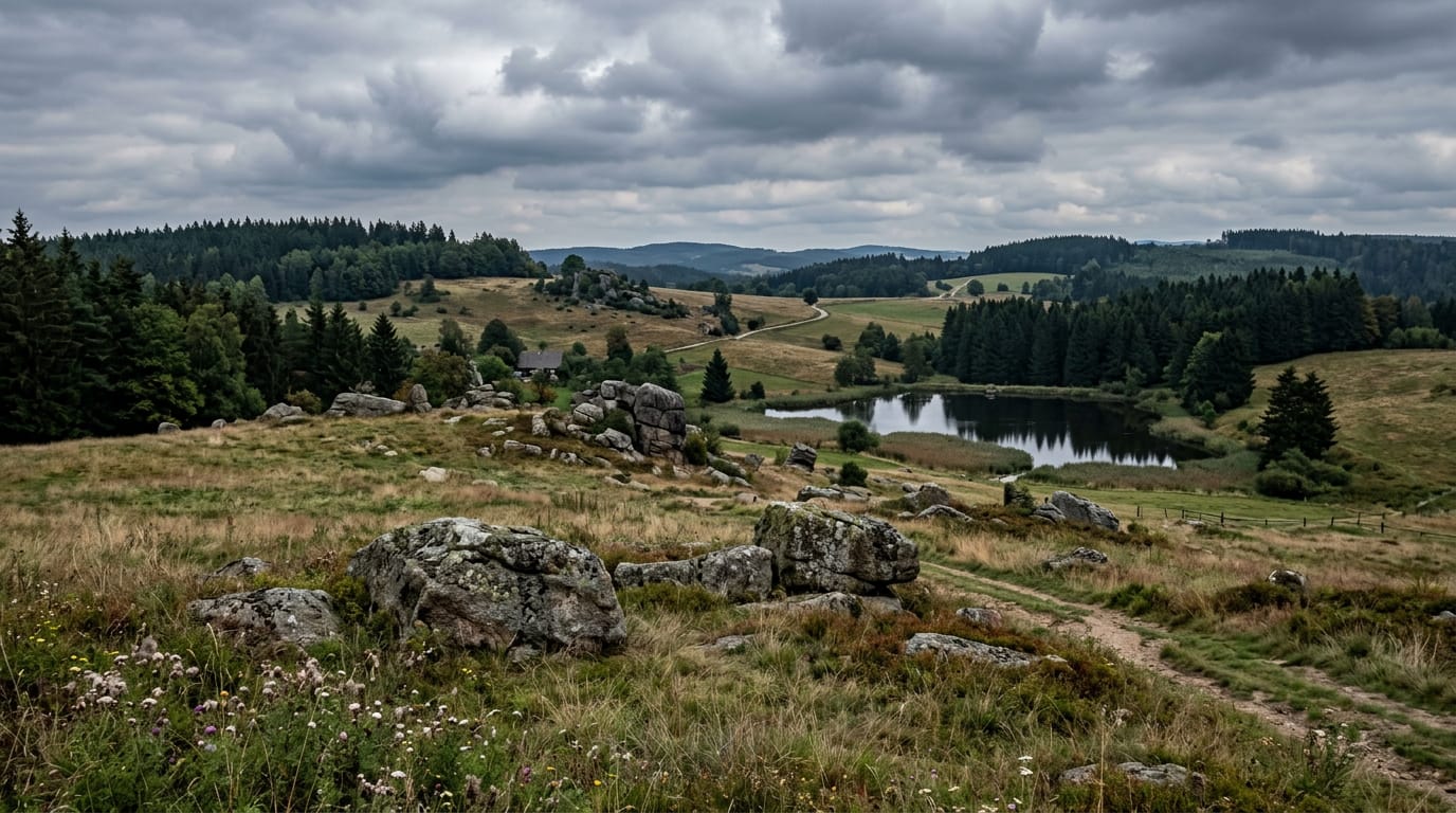 Krajina Vysočiny se žulovými balvany a rybníky