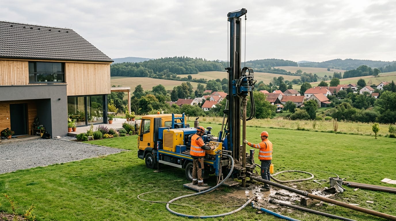 Vrtná souprava při hloubení studny na zahradě rodinného domu