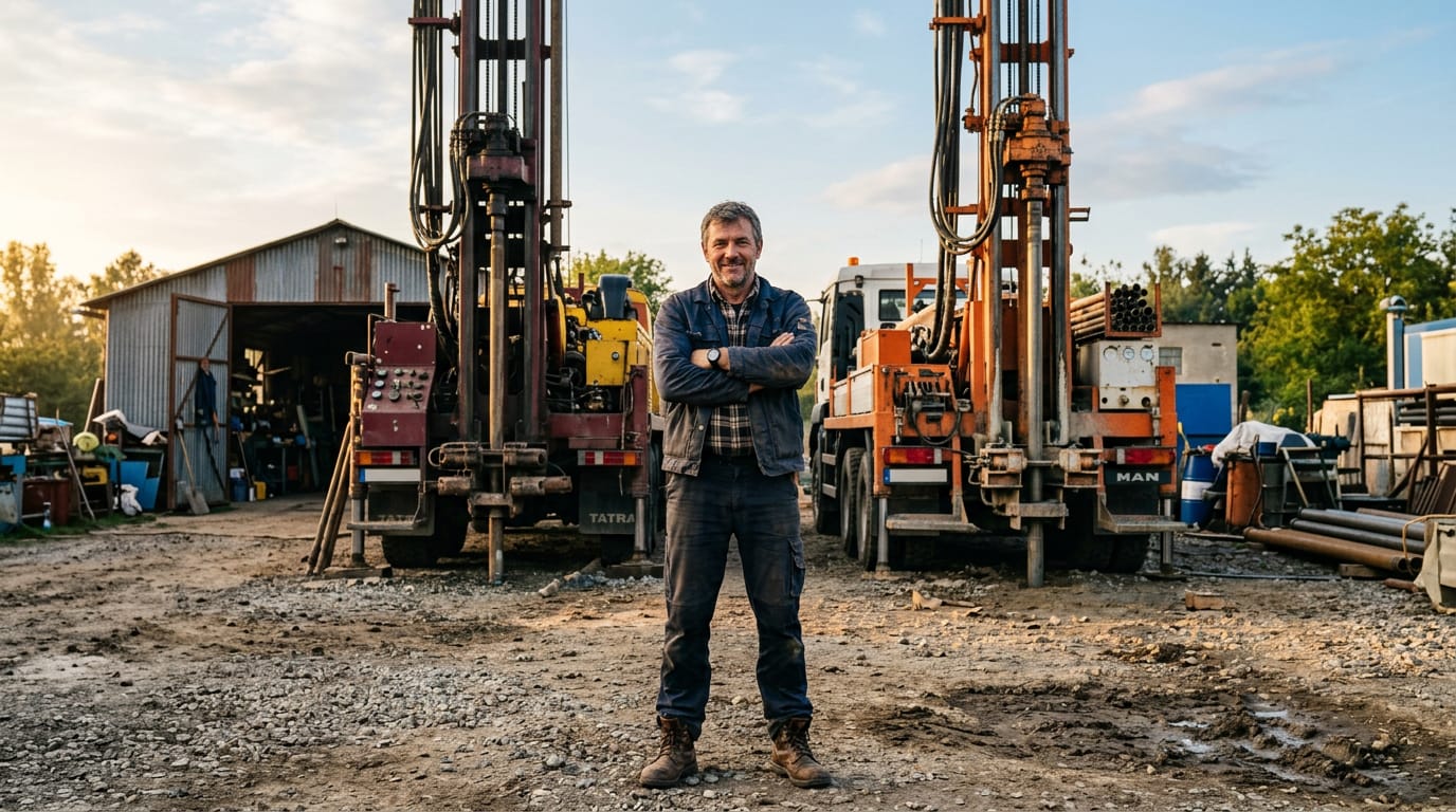 Majitel studnařské firmy před vrtnými soupravami