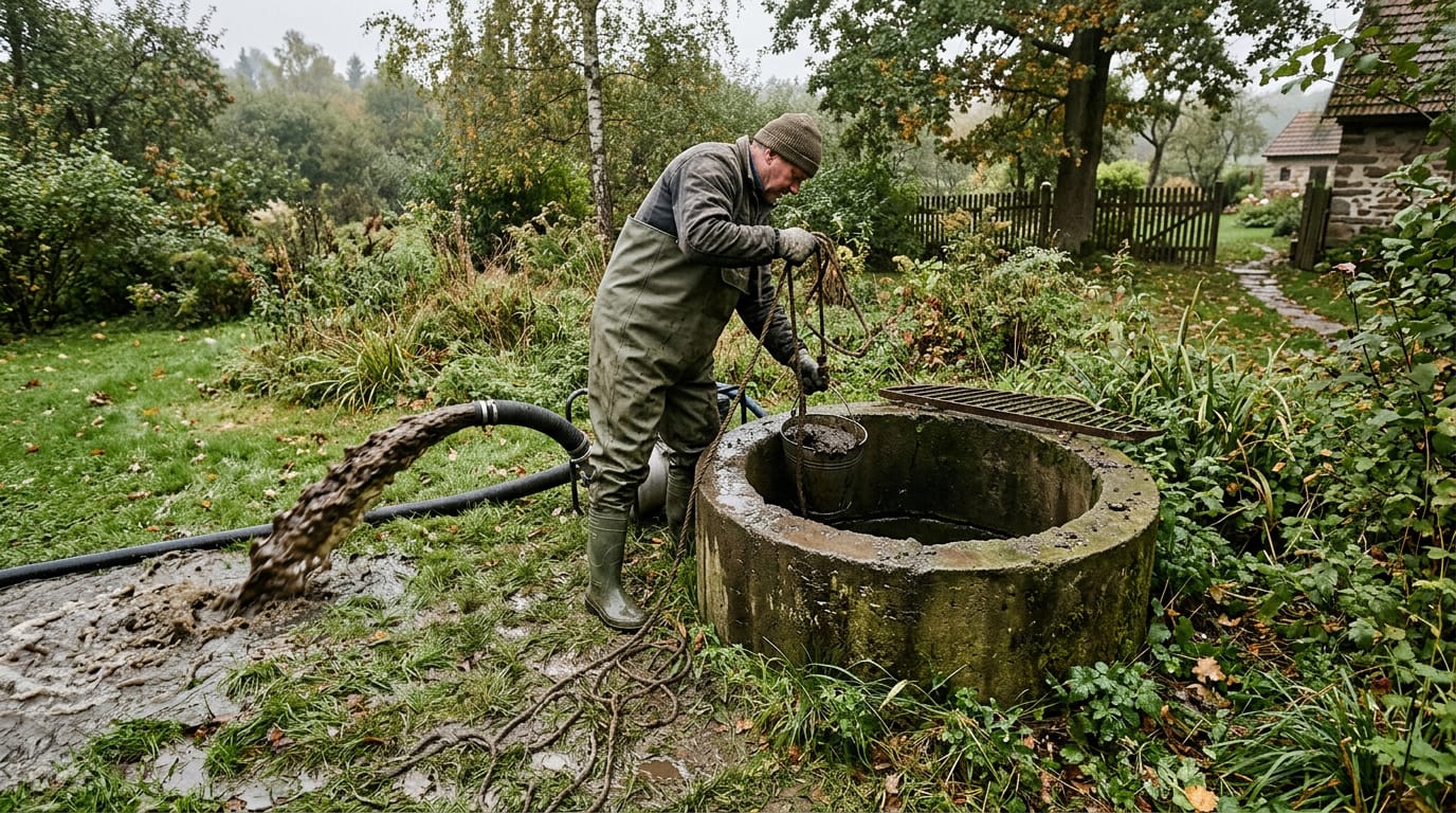 Čištění kopané studny, odčerpávání kalné vody