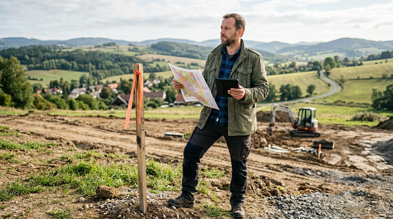 Hydrogeolog s geologickou mapou na pozemku vytyčuje místo vrtu